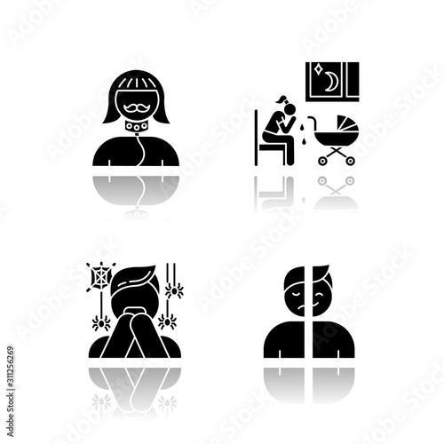 Mental disorder drop shadow black glyph icons set. Transvestic fetishism. Postpartum depression. Phobia. Panic attack. Mood disorder. Deviation, perversion. Woman crying. Isolated vector illustrations
