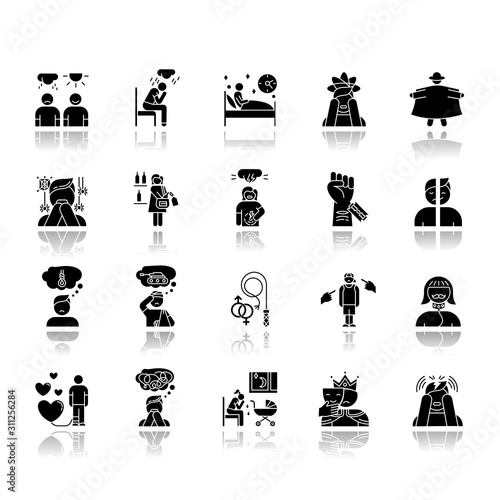 Mental disorder drop shadow black glyph icons set. Depression, anxiety. Self-harm, suicidal feeling. Postpartum stress. Phobia. PTSD, PMS. Psychiatric issues. Isolated vector illustrations