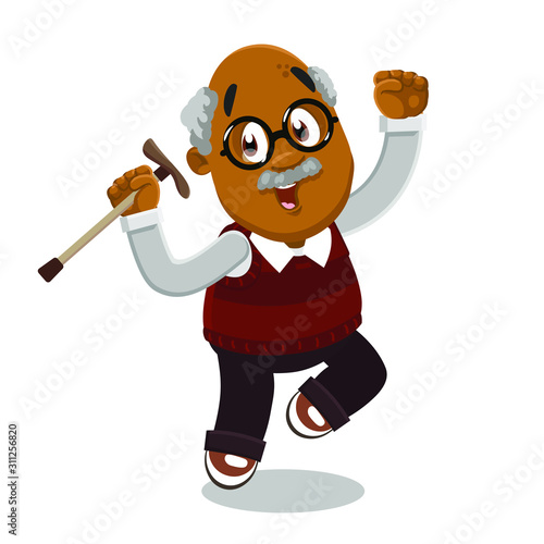 Afro-american mustached old man keeping walking stick and jumping for joy.