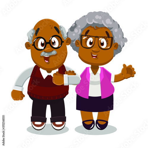 Afro-american mustached bald aged man in knitted vest, shirt and trousers standing nex to his wife.