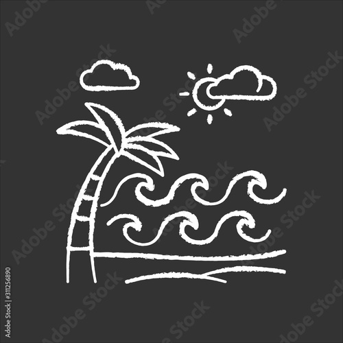 Waves on sandy beach chalk icon. Seaside with palm. Trip to Indonesian islands. Sunny sea coast in Bali. Weather for surfing. Summer holiday trip idea. Isolated vector chalkboard illustration