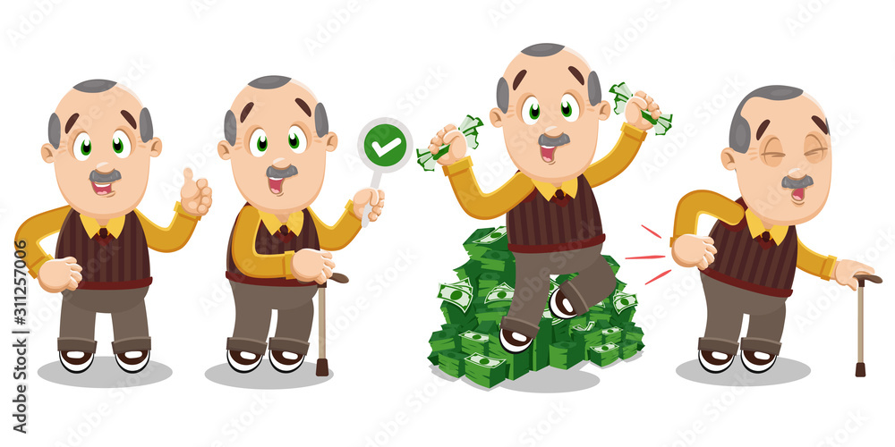 Vector set with elderly mustached man in different situations.