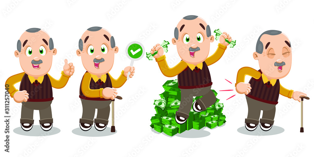 Vector set with elderly mustached man in different situations. Vector set with elderly mustached man in different situations.
