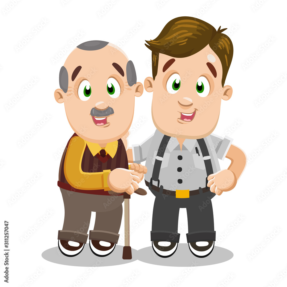 Mustached bald aged man in knitted vest, shirt anr trousers standing near adult son. Mustached bald aged man in knitted vest, shirt anr trousers standing near adult son.