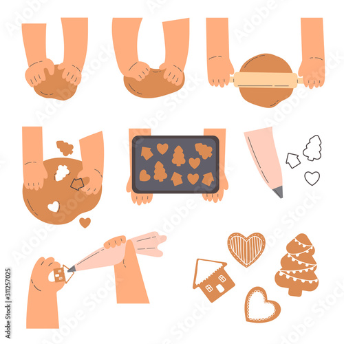 Stages of baking holiday cookies concept.Hands knead dough,line drawing isolated symbols for bakery at white background.Making gingerbread cookies.Cartoon style.Colorful flat vector illustration.