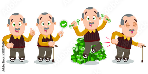Vector set with elderly mustached man in different situations.