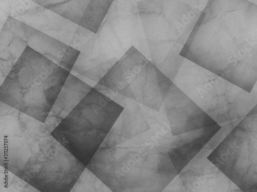 abstract black and white background  layers of intersecting angles  rectangles and squares floating in random pattern  transparent layers with grunge texture