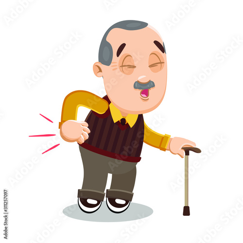 Mustached balding elderly man in shirt, knitted vest and trousers suffering from back pain.