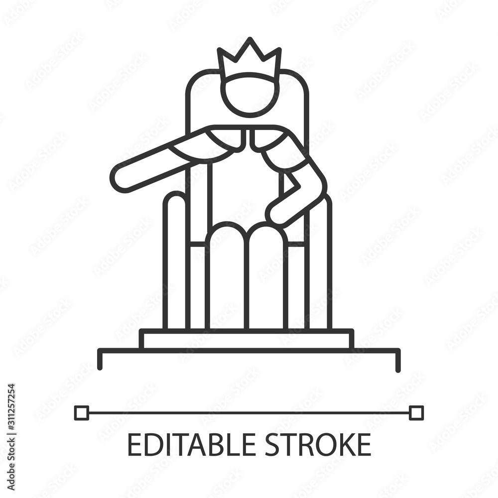 Wise Ruling Solomon Bible story linear icon. Jerusalem king sitting on throne. Biblical narrative. Thin line illustration. Contour symbol. Vector isolated outline drawing. Editable stroke