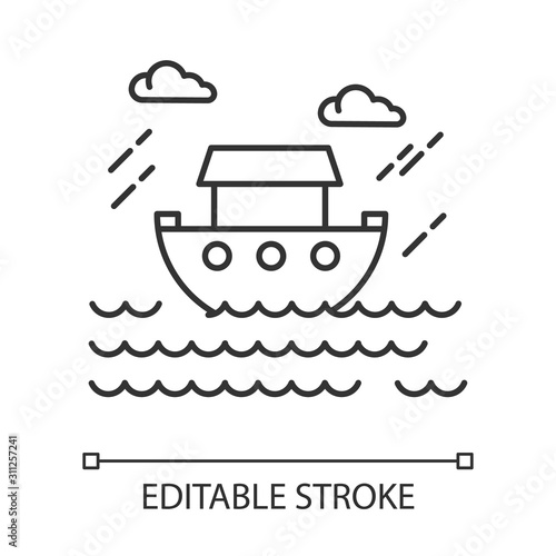 The Flood Bible story linear icon. Noah Ark. Sacred ship in worldwide water. Biblical narrative. Thin line illustration. Contour symbol. Vector isolated outline drawing. Editable stroke