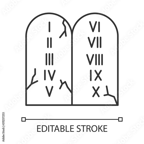 Ten Commandments Bible story linear icon. Biblical laws written on stone tablets. Religious legend. Thin line illustration. Contour symbol. Vector isolated outline drawing. Editable stroke