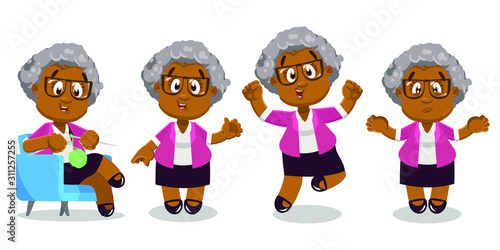 Different moments of typical day of afro-american aged lady.