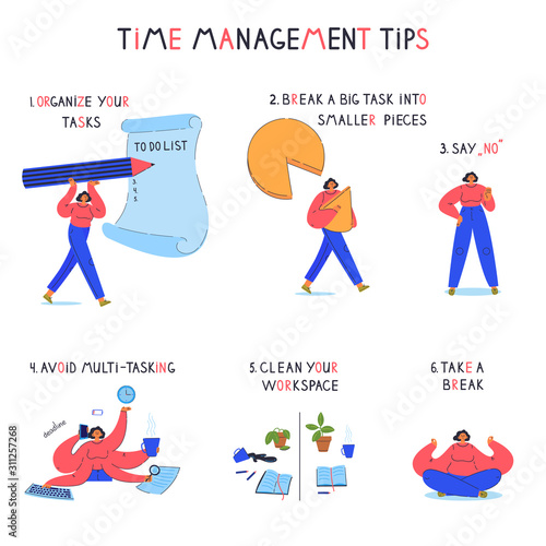 Time management tips concept.Tiny young woman helps you understand what time management is and how to plan your workflow.Cartoon characters isolated on white background.Flat color vector illustration