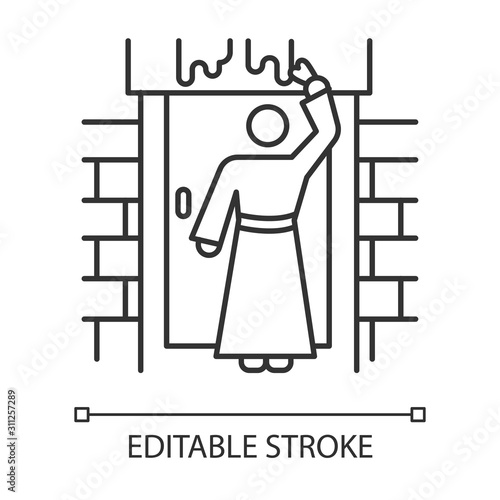 The Passover Bible story linear icon. Hebrews slavery. Ancient Egypt ten plagues. Exodus book Biblical narrative. Thin line illustration. Vector isolated outline drawing. Editable stroke