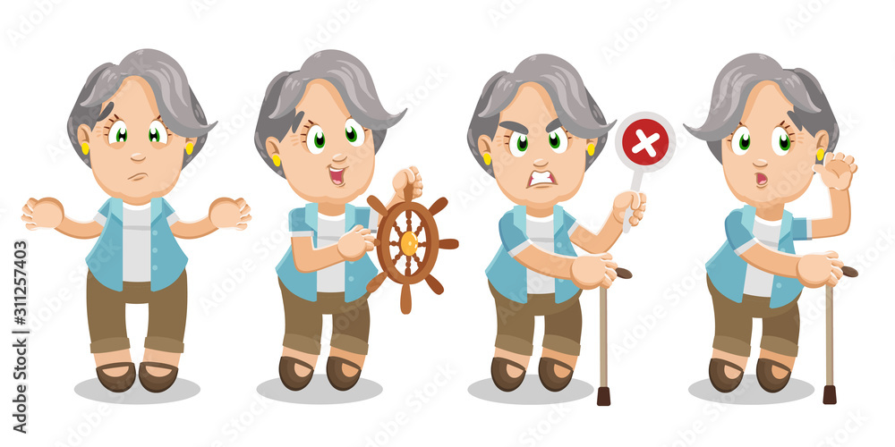 Vector set with silver haired aged woman in different mood and poses. Vector set with silver haired aged woman in different mood and poses.