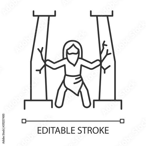 Samson Bible story linear icon. Last of judge. Strong powerful superhuman. Biblical narrative. Thin line illustration. Contour symbol. Vector isolated outline drawing. Editable stroke