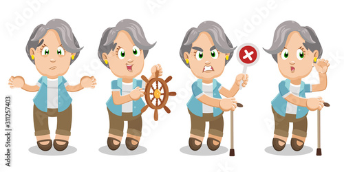 Vector set with silver haired aged woman in different mood and poses.