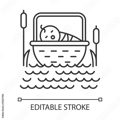 The Birth of Moses Bible story linear icon. Newborn in basket. Hebrew prophet. Exodus Biblical narrative. Thin line illustration. Contour symbol. Vector isolated outline drawing. Editable stroke