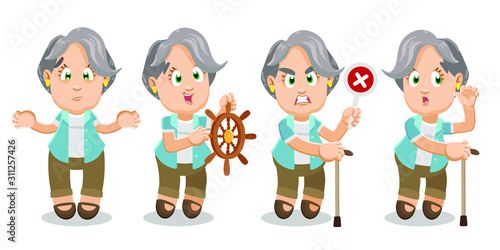 Vector set with silver haired aged woman in different mood and poses.