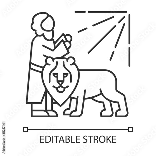 Daniel in lion den Bible story linear icon. Legendary hero praying. Religious legend. Biblical narrative. Thin line illustration. Contour symbol. Vector isolated outline drawing. Editable stroke