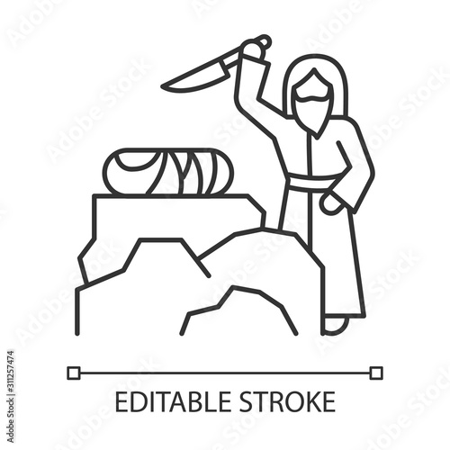Binding of Isaac linear icon. Hebrew Bible story. Abraham sacrificing son on Moriah altar. Biblical narrative. Thin line illustration. Vector isolated outline drawing. Editable stroke