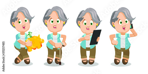 Different moments of typical day of elegant elderly lady.