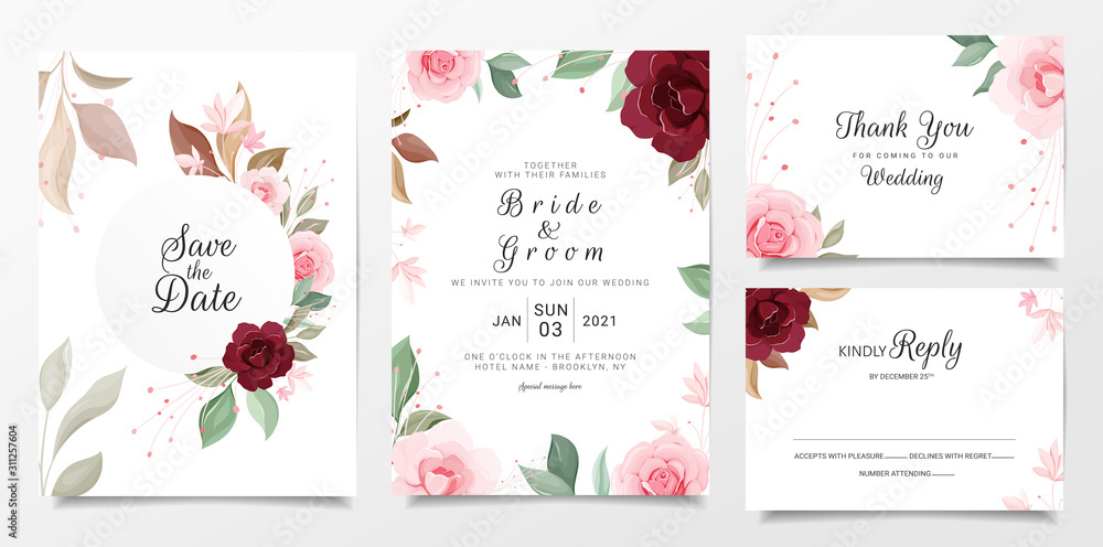 Wedding invitation card template set with floral decoration. Red and peach roses botanic illustration for save the date, invitation, greeting card, poster. Floral frame vector
