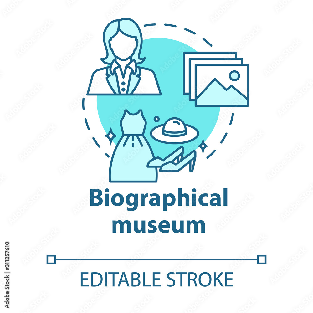 Biographical museum concept icon. Cultural materials exposition. Clothes, belongings. Famous person history exhibition idea thin line illustration. Vector isolated outline drawing. Editable stroke