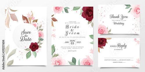 Wedding invitation card template set with floral decoration. Red and peach roses botanic illustration for save the date  invitation  greeting card  poster. Floral frame vector