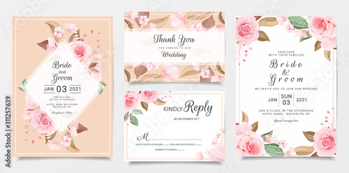 Wedding invitation card template set with floral decoration. Peach rose flowers illustration for save the date, invitation, greeting card, poster vector. Floral frame vector