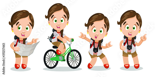 Vector set with girl, traveller with camera in different situations.