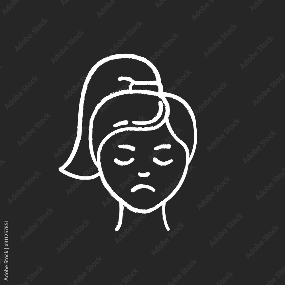 Sadness chalk icon. Unhappy expression. Low mood. Emotionally drained girl. Anxious woman. Loneliness and solitude. Depression and stress. Feeling grief. Isolated vector chalkboard illustration