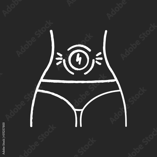 Abdominal pain chalk icon. Stomach ache. Period cramp, menstruation spasm. Female belly discomfort. Predmenstrual syndrome symptom. Abdomen area suffering. Isolated vector chalkboard illustration