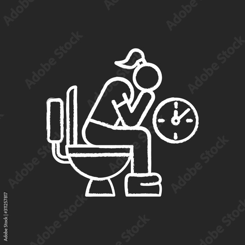 Constipation chalk icon. Menstruation pain. Period problem. Girl with hemorrhoids in lavatory. Woman on toilet. Digestive tract problem. Stomach ache. Bathroom. Isolated vector chalkboard illustration