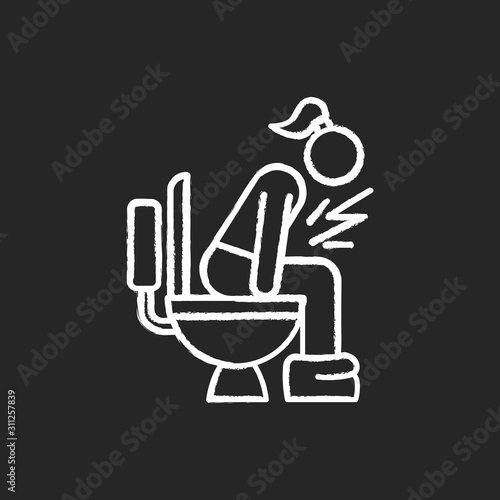 Diarrhea chalk icon. Digestive tract disease. Illness and sickness. Food poisoning. Menstruation problem. Period symptom. Girl on toilet. Woman in restroom. Isolated vector chalkboard illustration