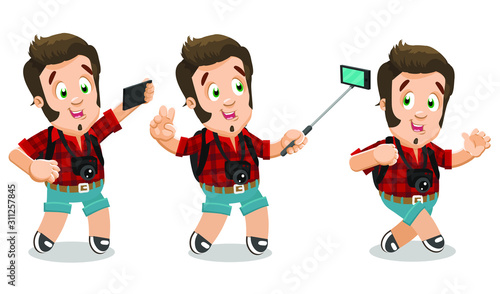 Typical day of young man, tourist, traveller, blogger, vlogger.