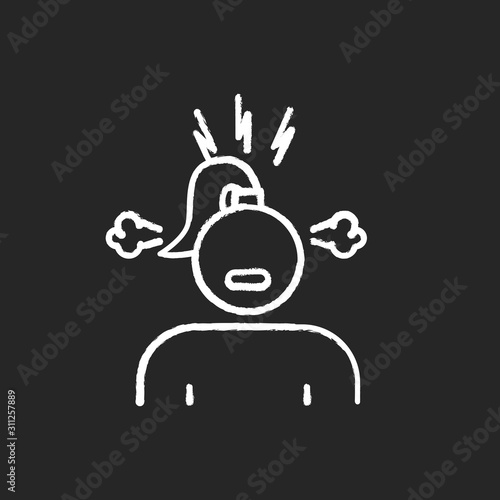 Irritability chalk icon. Annoyed girl. Angry woman. PMS symptom. Predmenstrual syndrome. Boiling emotion. Temper problem. Distress and rage. Isolated vector chalkboard illustration