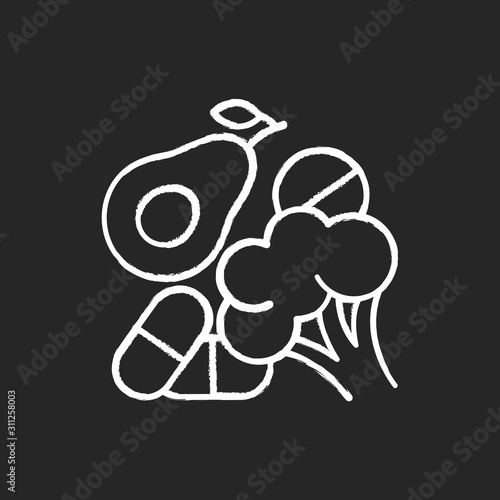Vitamin intake chalk icon. Avocado and broccoli. Pills and medication. Diet supplement. Organic, natural food. Multivitamin complex. Nutrition and healthcare. Isolated vector chalkboard illustration