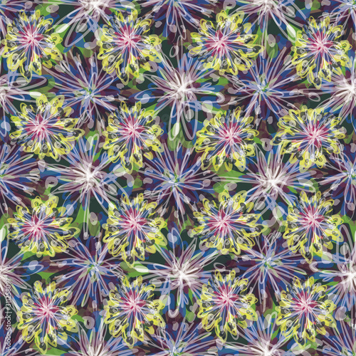 Colorful tropical vector flower bloom seamless pattern. Glowing daisy petal floral on dark background. Trendy all over print repeat swatch. Decorative fashion flora tile.