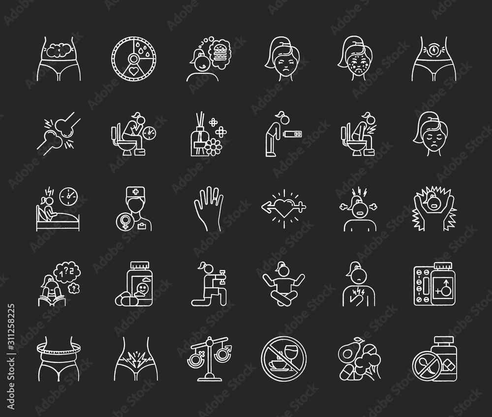 Predmenstrual syndrome chalk icons set. Menstrual cycle. Period abdominal pain. Food craving. Birth control. Aromatherapy. Emotion outburst. Hormone imbalance. Isolated vector chalkboard illustrations