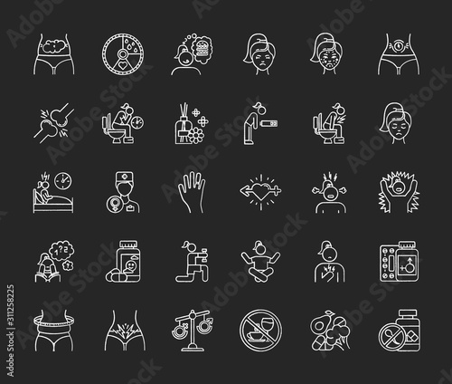 Predmenstrual syndrome chalk icons set. Menstrual cycle. Period abdominal pain. Food craving. Birth control. Aromatherapy. Emotion outburst. Hormone imbalance. Isolated vector chalkboard illustrations