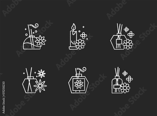 Aromatherapy chalk icons set. Floral scented sticks. Aromatic candles. Blossom air freshener. Cosmetology, spa therapy. Relaxation. Female selfcare. Isolated vector chalkboard illustrations