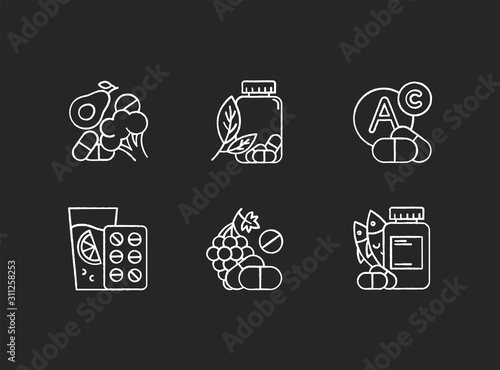 Vitamin intake chalk icons set. Vegetables and fruits for healthcare. Pharmaceutical aid. Diet supplement. Medication and pills. Multivitamin complex. Isolated vector chalkboard illustrations