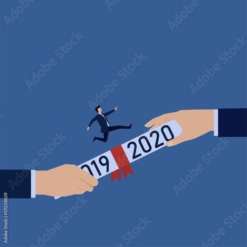 Business flat vector concept hand give contract with text 2019 and 2020 and man run above it metaphor of new year change.