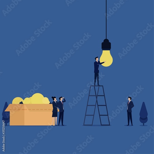 Business flat vector concept man put lamp to lamp fitting metaphor right idea.