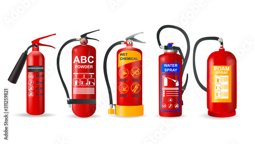 Fire extinguisher vector set. Realistic fire-fighting units and protection of fire on transparent background