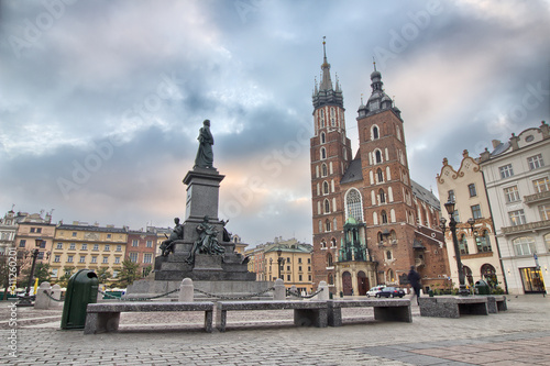 Cloth Hall and St Mary s Church at Main Market Square in Cracow Poland 