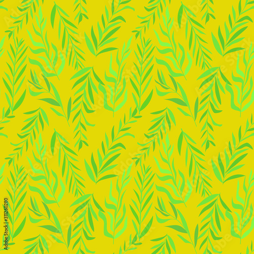 Seamless pattern with green foliage on yellow background