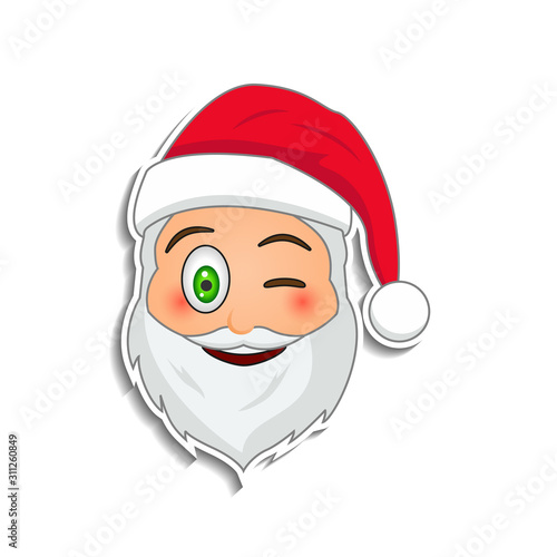 Emoji santa claus in sticker style. Winter holidays emotion. Santa clause in wink emoji icon