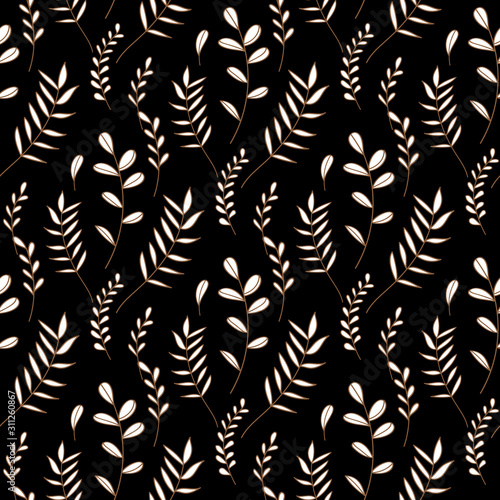  Field foliage seamless pattern. Exotic tropical hawaiian outline. Leaf plant botanical floral foliage. Engraved ink art. Seamless background pattern. 